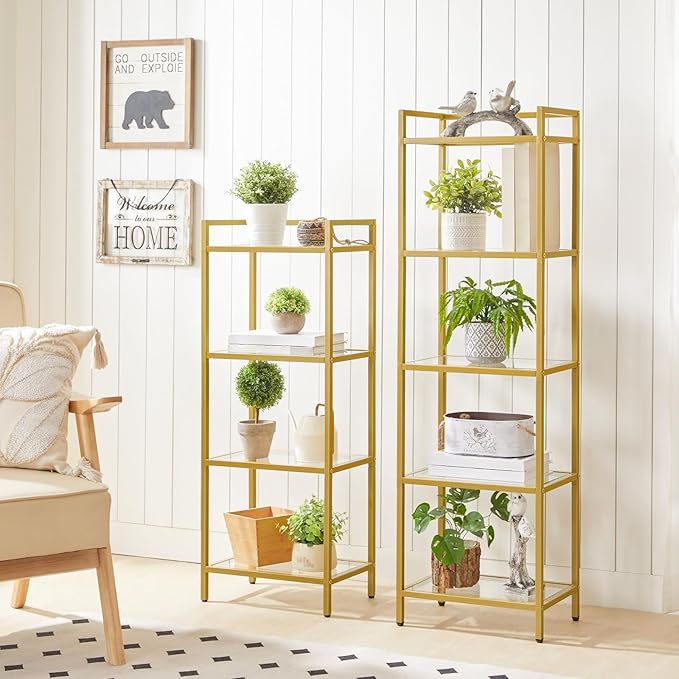 HOOBRO 5-Tier Gold Bookcase, Tempered Glass Bookshelves, Slim Shelving Unit for Living Room, Narrow Bookshelf for Small Spaces, Storage Rack Display Shelf for Home Office, Gold GD45SJ01