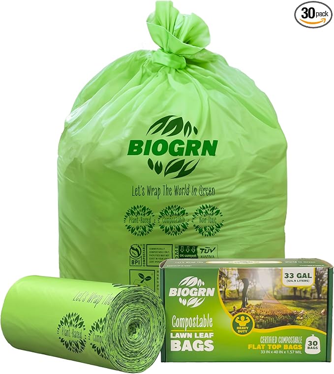 30-33 Gallon Compostable Trash Bags Flat-Top 30 Bags Heavy Duty1.57 Mil, 124.92 Liter Large Lawn and Yard Waste Bag green for Outdoor Garden ASTM D6400, US BPI and OK Compost Home Certified