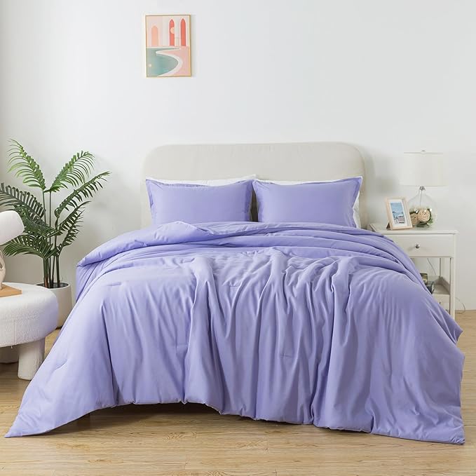 Lavender Purple Comforter Set King Size, Solid Luxury Skin-friendly Boho Bedding Set & Collections, Breathable Fluffy Microfiber 3 PCS (104"x90") Comforter Set for All Seasons