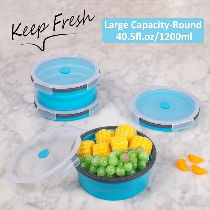 Collapsible Food Storage Containers with Airtight Lid & Vent, 40.5 oz, Kitchen Stacking Silicone Collapsible Meal Container Set for Leftover, Microwave Freezer Dishwasher Safe, Blue Round, Set of 4