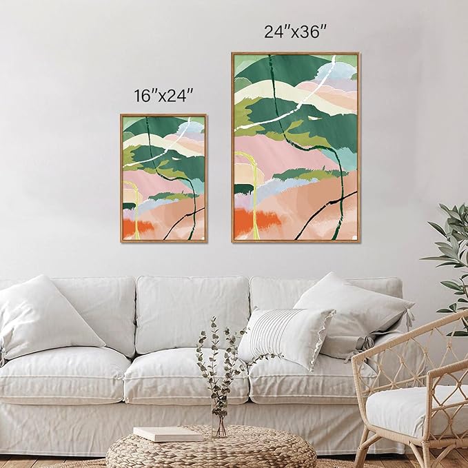 Tinonedraw Colorful Abstract Framed Canvas Wall Art Set, 3 Panel Green Pink Girly Oils Inks Artwork, Three Pieces Neutral Modern Minimalist Wall Decor for Living Room Bedroom Office 24"x36"x3