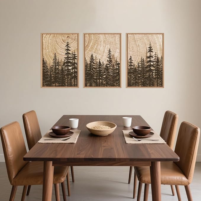 Celestdeco Pine Tree Framed Canvas Wall Art Set, Natural Woodland Landscape Wall Decor, Large Retro Forest Painting, Vintage Brown Artwork for Living Room, Bedroom, Kitchen, Study, Office - 24"x36"x3