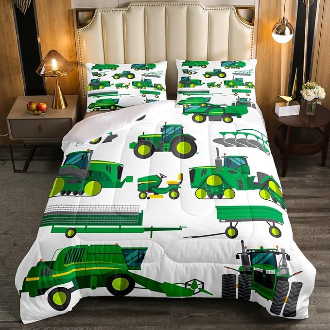 Kids Equipment Trucks Comforter Set Full, Boys Tractor Comforter, Excavators Down Comforter, Farm Heavy Machinery Truck Crane Bedding Set,Construction Site Cars Quilt Set for Child Girls Teens