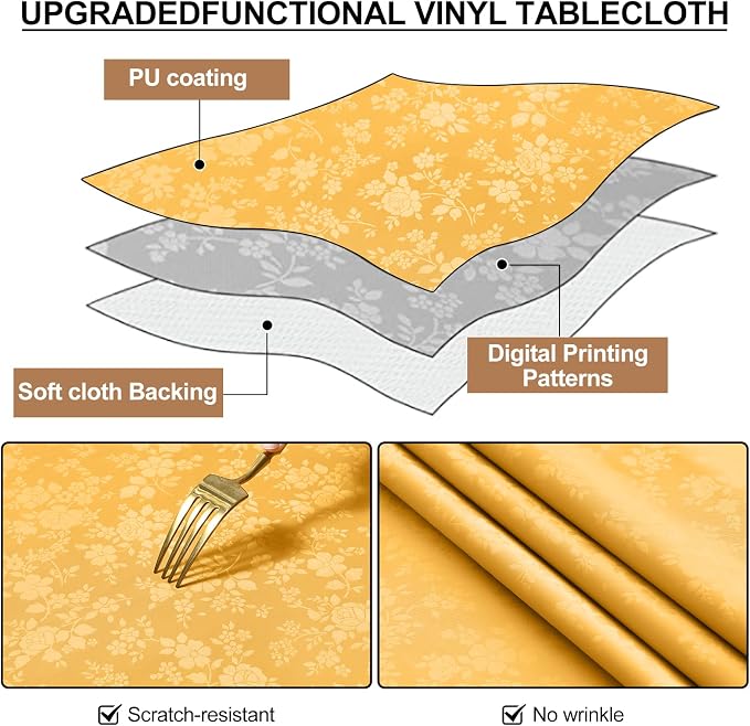 Smiry Rectangle Waterproof Heavy Duty Vinyl Tablecloths, 60 x 84 Inch | Wipeable Washable Floral Embossed Table Cover for Kitchen and Dining Room, Indoor & Outdoor Use, Mustard Yellow