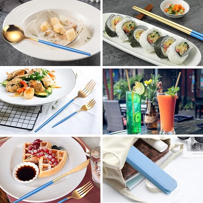 AARAINBOW 8 Pieces Stainless Steel Flatware Set Portable Reusable Cutlery Set Travel Utensils Set Including Chopsticks Knife Fork Spoon Straws Cleaning Brush Dishwasher Safe (Blue Golden)