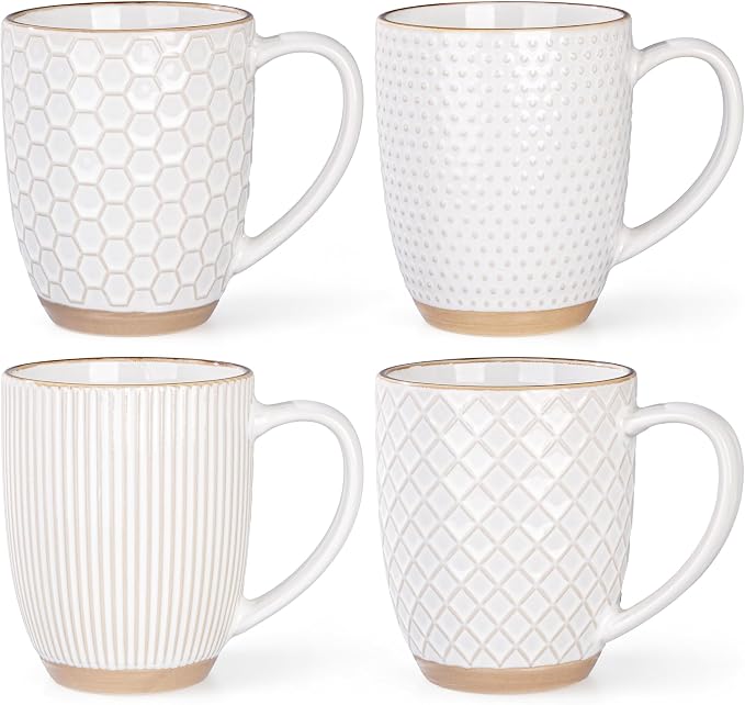 GBhome Large Coffee Mugs Set of 4, 16oz Handmade Embossed Coffee Mugs Set with Large Handle for Cappuccino/Latte/Tea/Hot Cocoa, Dishwasher & Microwave Safe, Off White