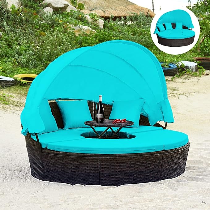 Tangkula Patio Round Daybed with Retractable Canopy, Outdoor Wicker Rattan Furniture Sets, Sectional Cushioned Sofa Set w/Height Adjustable Coffee Table, Rattan Conversation Sets (Turquoise)