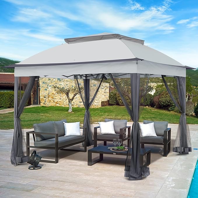 11x11 Outdoor Pop up Gazebo Tent with Mesh Walls for Patio, Lawn, Backyard and Deck, Gray