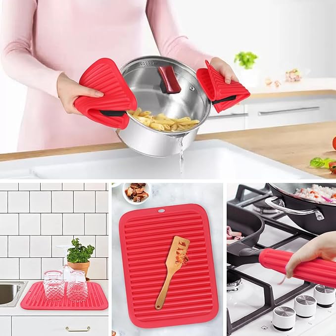 2 Pack Silicone Trivets - Heat Resistant Non-Slip Flexible Pot Holders for Hot Dishes & Pans - Red Silicone Trivet Mat Dish Drying Mat Spoon Rest, 9x12 in