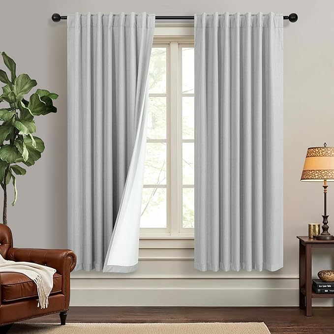 Light Grey Living Room Blackout Curtains 63 Inch Length 2 Panel Modern Farmhouse Dove Gray Black Out Curtains Linen Thermal Insulated Dining Room Darkening Long Drapes for Bedroom Bay Window Kitchen