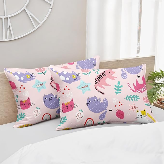 Kawaii Cats Comforter King Size,Pink Cats Kids Comforter Set,3Pcs Bedding Set Printed Comforter with 2 Pillowcases,Down Alternative,Soft and Lightweight,for All Seasons