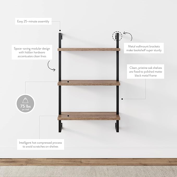 Nathan James Theo 3-Shelf Small Bookcase, Floating Wall Mount Bookshelf with Wood and Industrial Pipe/Metal Frame, Rustic Oak/Matte Black