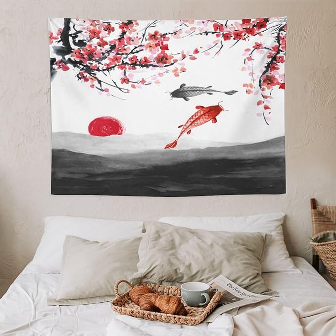Japanese Koi Fish Tapestries, Cherry Blossoms Asian Oriental Flower Branch Koi Fish Carp Tapestry Wall Hanging for Bedroom Living Room Office Decor 40"x30"