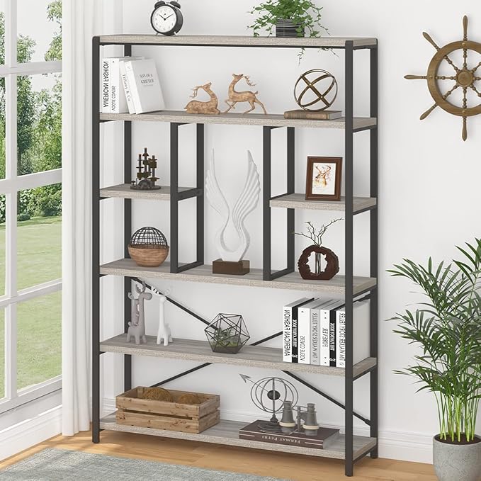 LVB Industrial 6 Tier Bookshelf, Large Tall Open Rustic Vintage Etagere Bookcase, Gray Big Wide Modern Farmhouse Wood and Metal Book Shelf for Home Bedroom Living Room Office Storage, Light Grey Oak