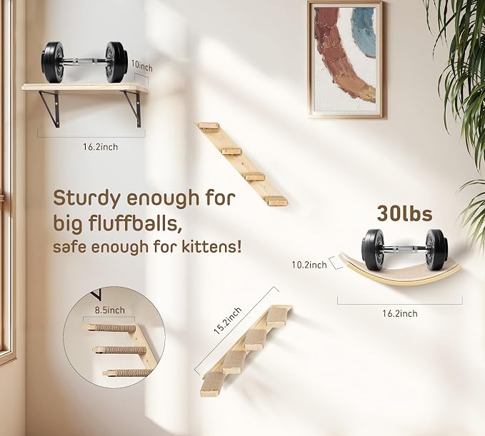 Wall Mounted Cat Shelves Stairs Set, 4 Piece Wood Cats Wall Furniture with Sisal Cat Window Perch, Flat Perch & Dual 4-Step Ladders for Climbing & Scratching