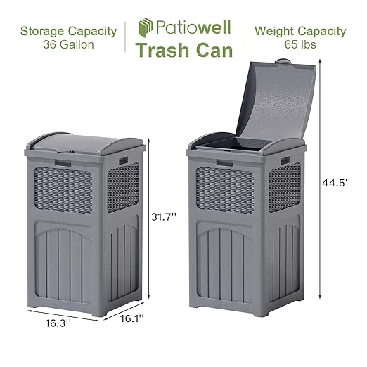 Patiowell 36 Gallon Outdoor Trash Can, Resin Outdoor Garbage Can with Lid for Patio, Backyard, Deck, Gray