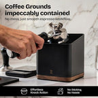 Espresso Knock Box with Lid, 1L Steel Coffee Puck Container, Black | Walnut non-slip base, quiet rubber knock bar, holds 20-25 pucks, dump bin for used grounds, home barista station essential
