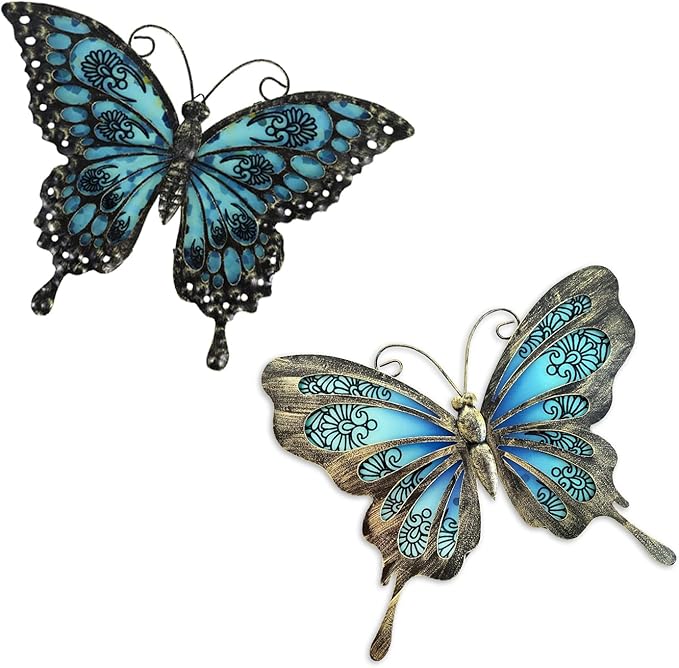 LIFFY Metal Butterfly Wall Decor,2Pack 12" Hanging Glass Butterfly Outdoor Decor,Garden Decorative Ornaments Outside for Home,Yard,Fence,Patio