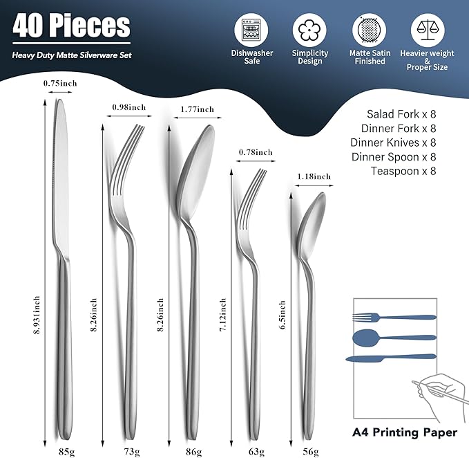 Heavy Duty Silverware Set, EIUBUIE 40-Piece Premium Stainless Steel Flatware Sets For 8, Matte Brushed Finish Cutlery Tableware Modern Kitchen Utensils Set for Home Restaurant, Dishwasher Safe