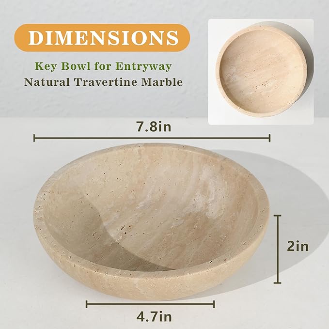 Marble Decorative Bowl for Kitchen Counter, Natural Travertine Serving Bowl with,Modern Display Bowl for Dining Table Centerpiece Home Decor(7.8 Inch)