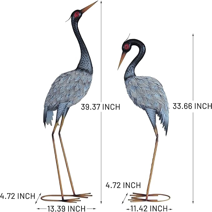 Crane Statue Garden Décor, Metal Heron Statue Yard Art for Outdoor Patio Lawn Backyard Pool Front Porch Deocr, Bird Garden Sculpture & Statues, Set of 2, Black and White