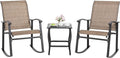 Shintenchi 3 Piece Rocking Bistro Set, Outdoor Furniture with Rocker Chairs and Glass coffee table set of 3, Balcony, Porch Furniture for Small Space, Brown