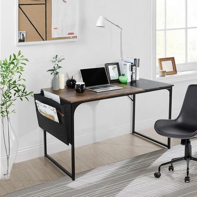 47 inch Study Storage Bag Space Saving for Home Office, Modern Simple Style PC Metal Frame Computer Desk, Writing Table, Brown, Black