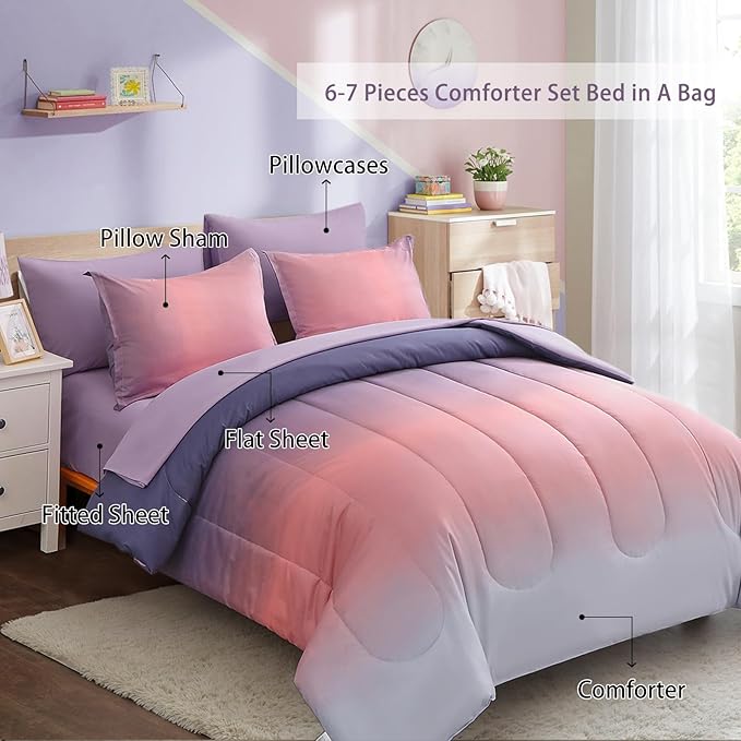 Dinjoy Girls Comforter Set Full Size Colorful Rainbow Ombre Pink Purple Light Blue Bedding Set Gradient 7 Pieces Bed in A Bag for Kids Teen Women(1 Comforter, 1 Flat Sheet, 1 Fitted Sheet)