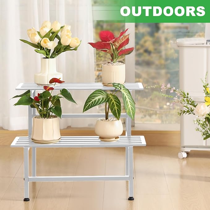 Metal Plant Stand Outdoor Plant Shelf Indoor,2 Tier Heavy Duty Ladder Plant Stands for Multiple Plants,26" L x 20.25" H x 17.75" W,White