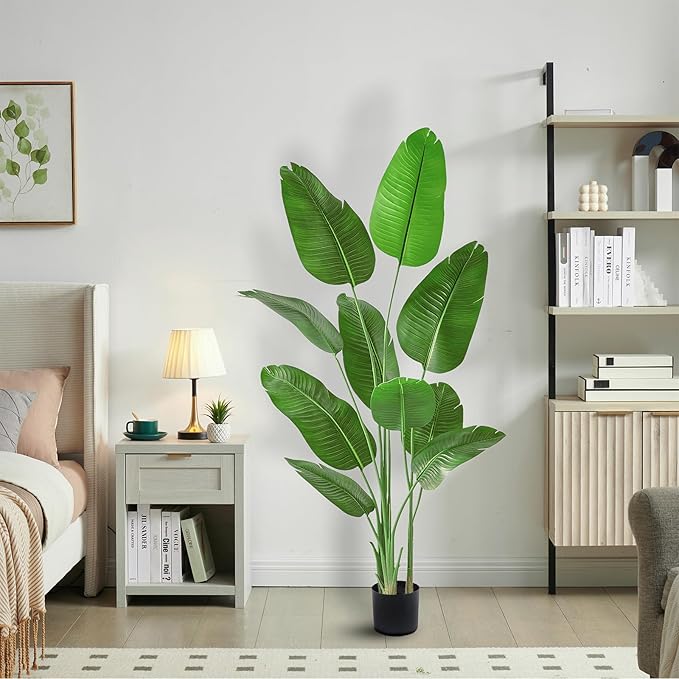 Lifelike Bird of Paradise Silk Artificial Plant Faux Banana Leaf Tree for Home Decor - Perfect Indoor Floor Plant with 9 Trunks (1, Black Planter, 5 FT)