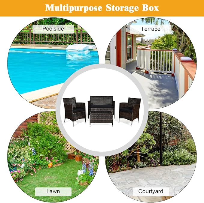 Goplus 4-Piece Rattan Patio Set, Outdoor/Indoor Wicker Conversation Set for Pool, Backyard, Lawn, Wicker Chairs and Sofa with Soft Cushion, Rattan Furniture with Tempered Glass Coffee Table