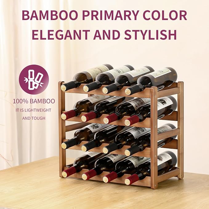 Wine Rack Storage,Bamboo Wine Racks Cabinet Shelf,4-Tier 16 Bottles Freestanding Wine Bottle Holder for Basement,Kitchen,Countertop