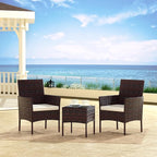 Patio Set 3 Piece Outdoor Rattan Porch Furniture with Tempered Glass Side Table & Cushion All Weather Conversation Bistro Set for Balcony,Deck,Porch (Brown/Beige)
