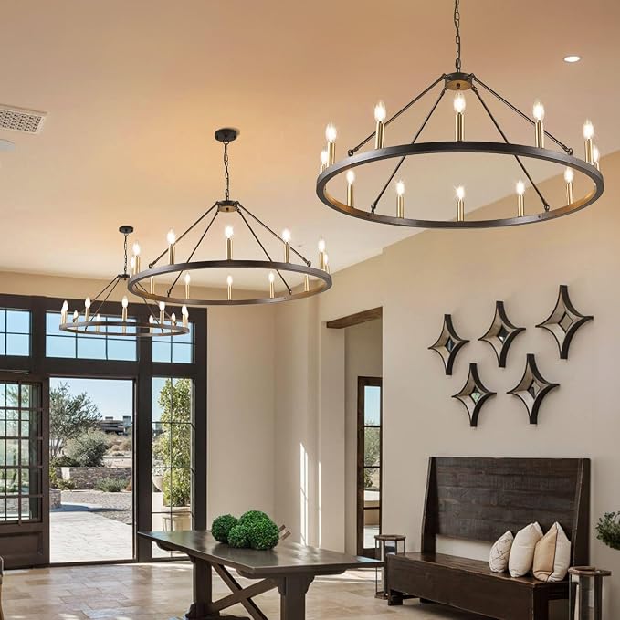 WJShome 37.5" Wagon Wheel Chandelier: The Ultimate Farmhouse Foyer Lighting Fixture - Gorgeous 12-Light Black and Gold Chandeliers to Enrich Your Dining Room!