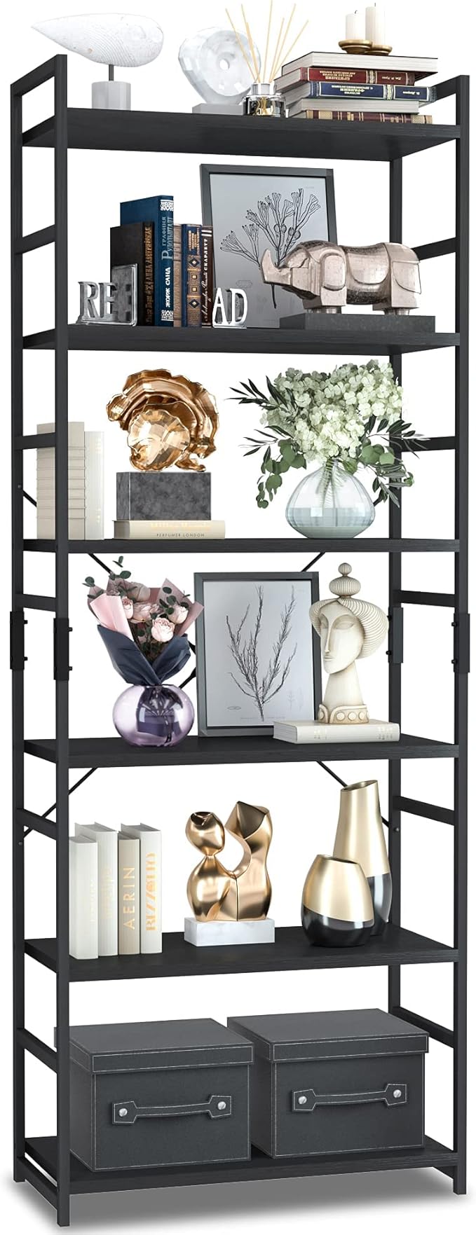 NUMENN 6 Tier Bookshelf, Tall Bookcase Shelf Storage Organizer, Modern Book Shelf for Bedroom, Living Room and Home Office, Black