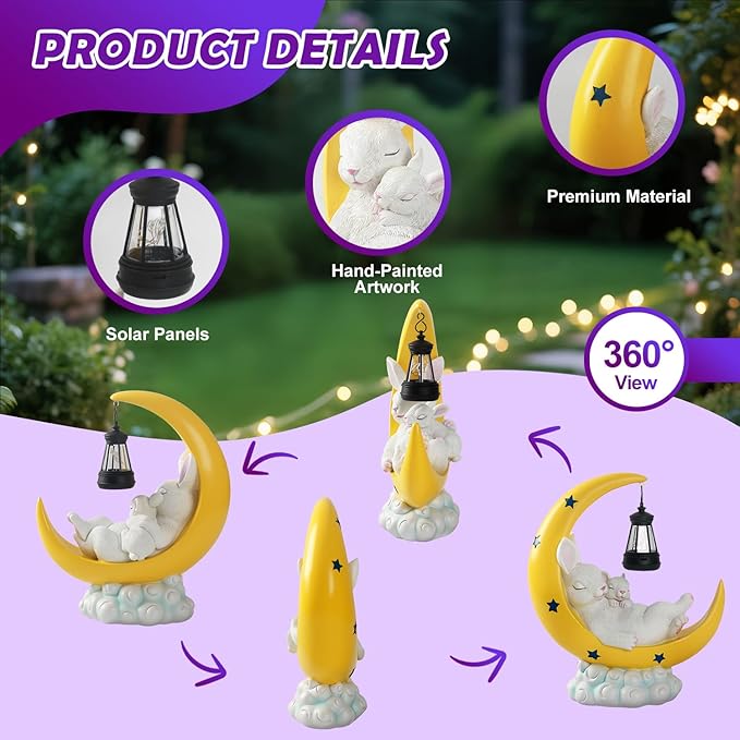 Solar Rabbit Garden Statues, Outdoor Bunny Decor, Resin Rabbit Figurine Lying on the Moon Cuddling a Baby Bunny with LED Lights for Porch Patio Lawn Yard Easter Housewarming Gardening Gifts for Mom