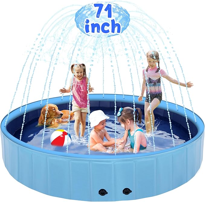 71" Large Dog Pool with Sprinkler, 2-in-1 Foldable Swimming Pool Non-Slip Hard Plastic Splash Sprinkler Kiddie Pool for Outdoor Backyard Kids Dogs Ducks and Pet Baths