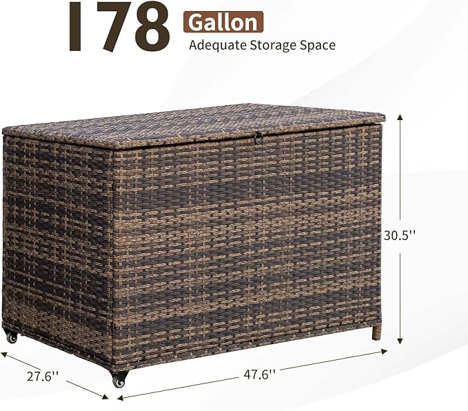 MEISSALIVVE 178 Gallon Outdoor Storage Box, Handle Large Portable Wicker Rattan Deck Box for Patio Furniture Cushions, Patio Deck Box with 2 WheelsThrow Pillows, Garden Tools and Pool Floats (Brown)