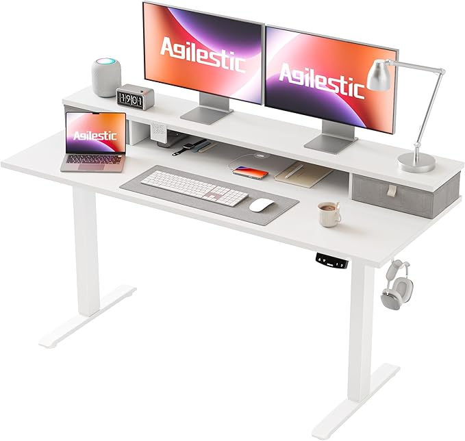 55 x 24 Inches Electric Standing Desk with 2 Storage Drawers, Stand Up Desk Adjustable Height, Sit and Stand Computer Table with Splice Board, White