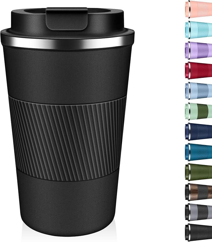 Insulated Coffee Tumbler 12 oz, Stainless Steel Coffee Mug with Lids, Travel Coffee Mug Leak Proof, Double Wall Vacuum Insulated Reusable Coffee Cup, Keep Drinks Hot and Cold (Black, 12 Ounces)