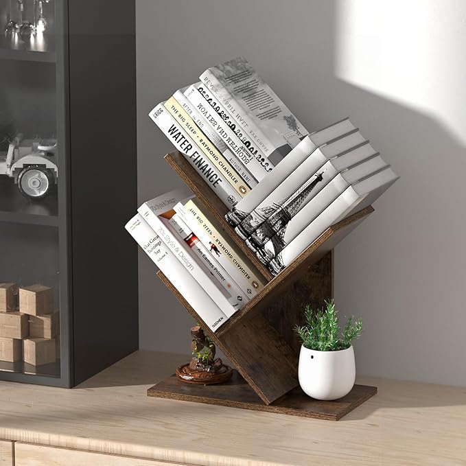 3 Tier Small Tree Bookshelf Desk Book Organizer Narrow Bookcases for Books Magazines CDs Free Standing Retro Wooden Storage Shelves for Home Office Bedroom Living Room Rustic Brown