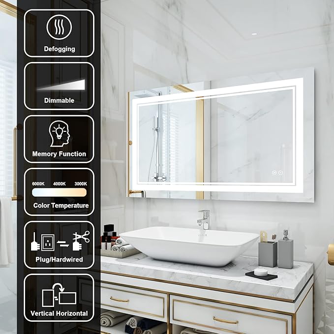 WELLFOR LED Bathroom Vanity Mirror 40 x 24 Inch, Lighted Anti-Fog Dimmable Mirror, IP44 Waterproof Wall Mounted Makeup Mirror, Packed with US Standard Plug and Touch Switch, (Horizontal/Vertical)