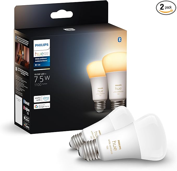 Philips Hue A19 LED Smart Light Bulbs - Flicker-Free 75w Light Bulbs - Control with Hue App - Compatible with Alexa, Google Assistant, and Apple HomeKit - E26 Base - 2 Pack
