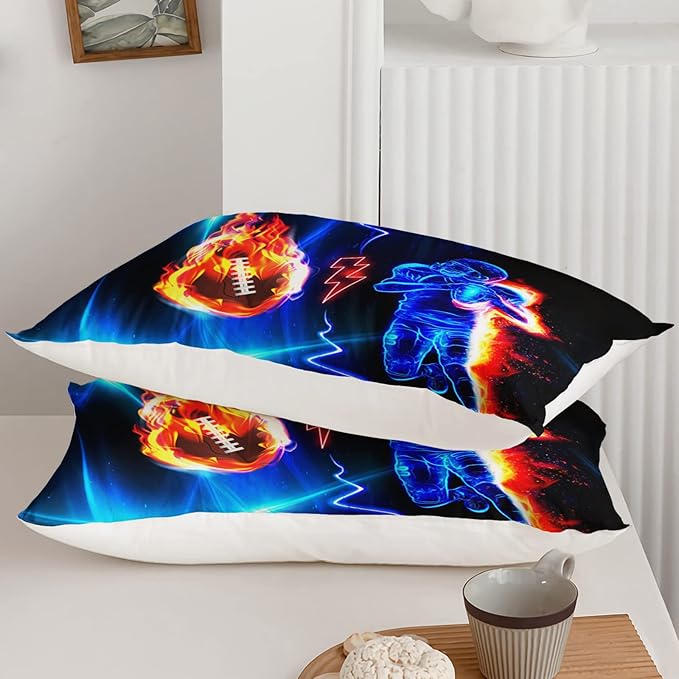 Axolotl Football Comforter Full,Cool Blue Football Bedding Sports Theme Comforter Set for Boys,3D Rugby Sports Bedding Set Football Player On Fire for Boys Kids Teens,1 Quilt 2 Pillowcases,Black Blue