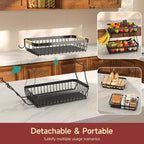 3-Tier Fruit Basket with Banana Hangers, Detachable Metal Bowl | Wooden handle, protective mats included. Versatile holder for bread, snacks, and veggies. Large 3 tier metal design.