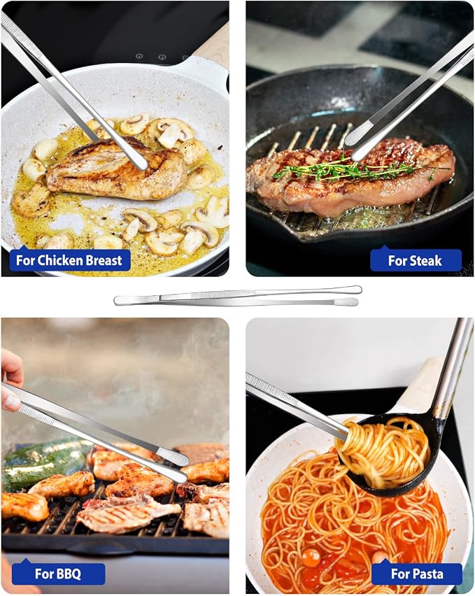 4 Pcs Fine Long Tweezer Tongs Professional Silver, 12'' and 10'' Stainless Steel for Kitchen, Food, Cooking, Repairing, Sea food and BBQ