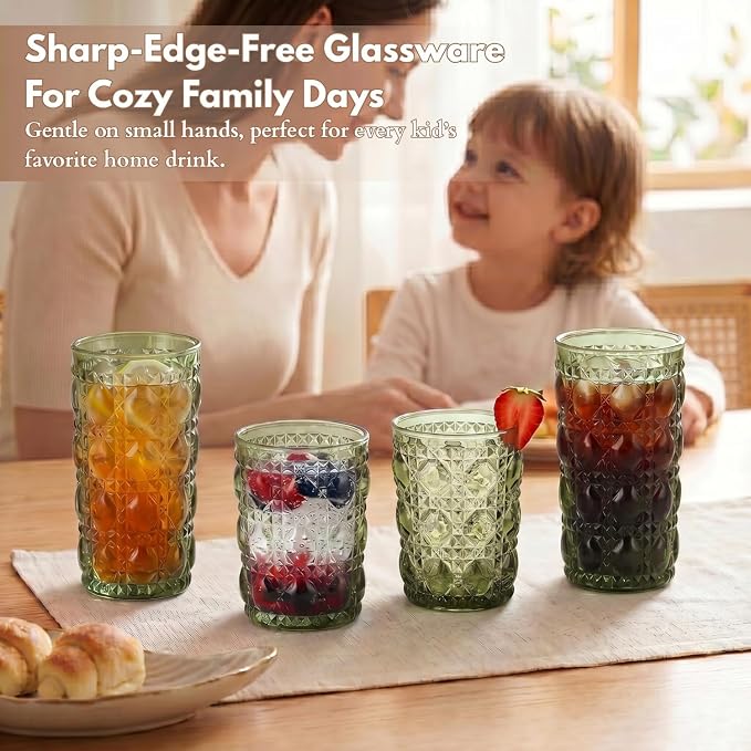 Green Drinking Glasses Set of 12, 12 Oz Highball & 10 Oz Cocktail Glasses, Green Kitchen Vintage Glassware Set, Floral Embossed Glass Tumbler Cups for Beer, Juice, Whiskey, Coffee(Gem)