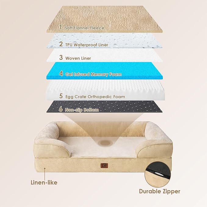 EHEYCIGA Orthopedic Dog Beds for Large Dogs, Waterproof Memory Foam Large Dog Bed with Sides, Non-Slip Bottom and Egg-Crate Foam Large Dog Couch Bed with Washable Removable Cover, Greige