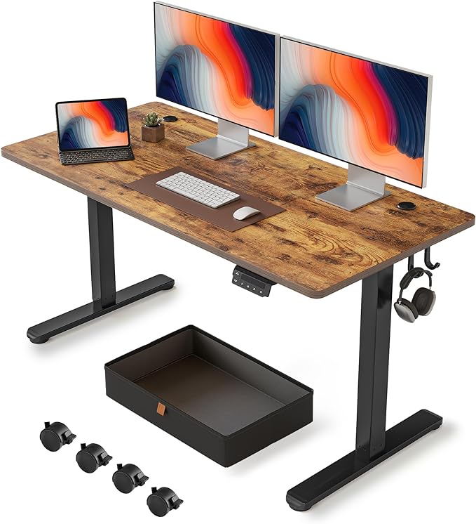 FEZIBO 55 x 24 Inches Standing Desk with Drawer, Adjustable Height Electric Stand up Desk with Storage, Sit Stand Home Office Desk, Ergonomic Computer Desk, Rustic Brown