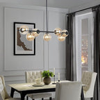 Mid Century Modern Linear Chandelier, 7-Light Black Pendant Light with Amber Glass Globes, Dimmable Kitchen Island Lighting Dining Room Light Fixtures Over Table for Living Room, Entryway & Bedroom